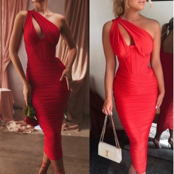 HOUSE OF CB Valentina Asymmetric Cutout One-Shoulder Midi Dress Scarlet X-Small - Picture 1 of 15